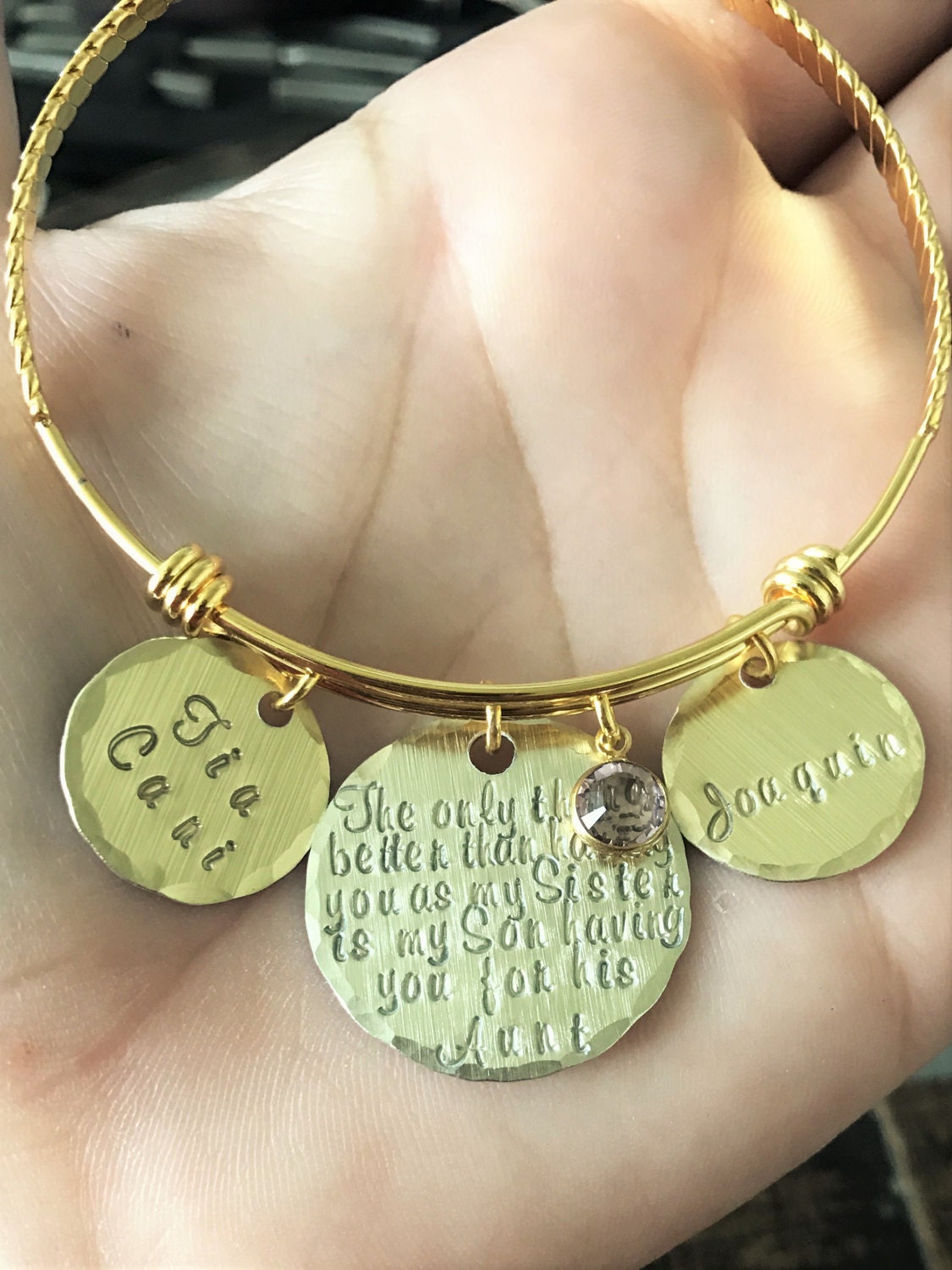 Aunt Quote Bangle Gift for Sister Aunt Bracelet Auntie Jewelry Personalized Jewelry Handstamped Jewelry Name Bangle Auntie Bracelet Gold
