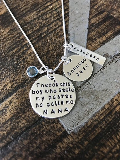 Nana Necklace There this boy who stole my heart Handstamped Necklace Personalize Jewelry Mothers Day Gift Grandma Jewelry Custom Necklace