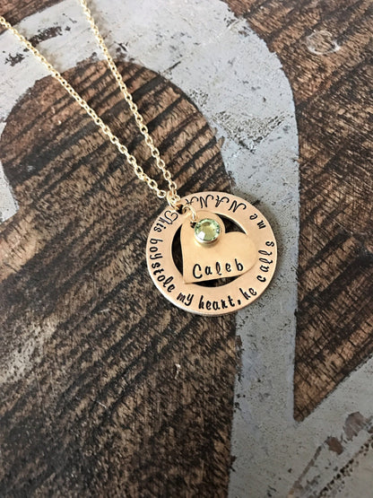 Gold Nana Necklace Theres this boy who stole my heart Handstamped Necklace Mothers Day Necklace Gift Grandma Jewelry Custom Necklace Heart