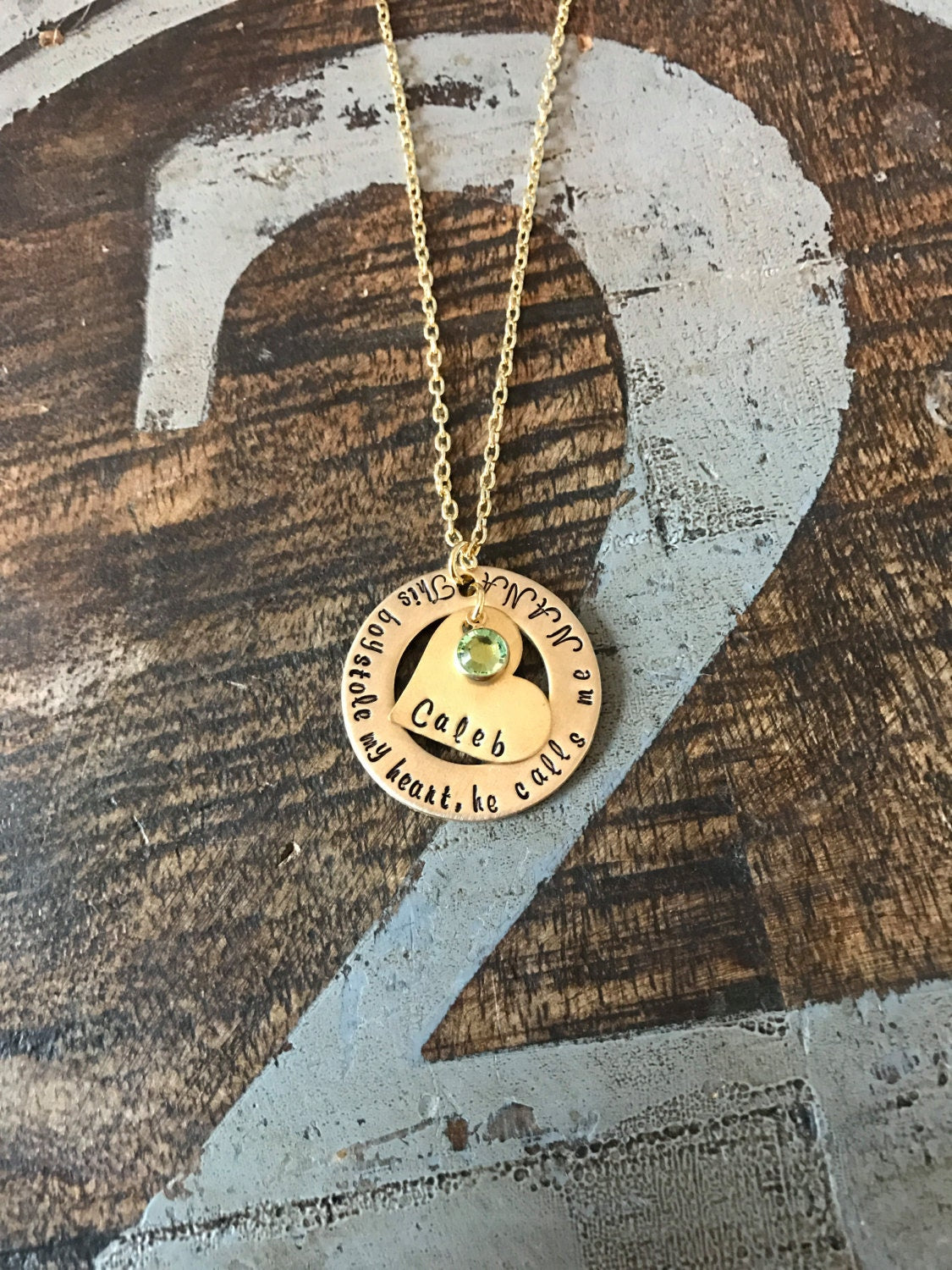 Gold Nana Necklace Theres this boy who stole my heart Handstamped Necklace Mothers Day Necklace Gift Grandma Jewelry Custom Necklace Heart