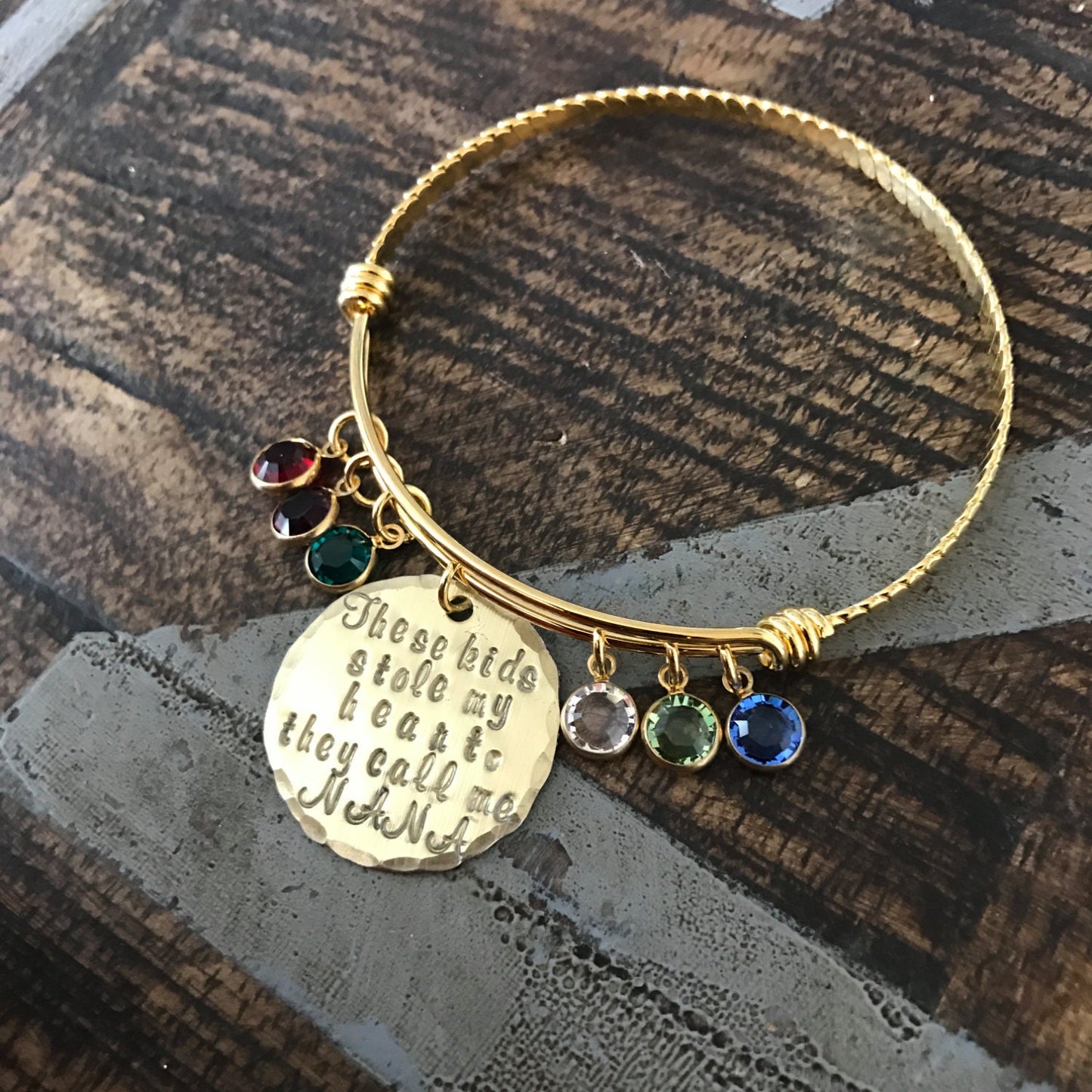 Nana Bangle Theres these kids who stole my heart Handstamped Bangle Personalize Jewelry Mothers Day Gift Grandma Jewelry Gold Bangle