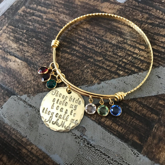 Nana Bangle Theres these kids who stole my heart Handstamped Bangle Personalize Jewelry Mothers Day Gift Grandma Jewelry Gold Bangle