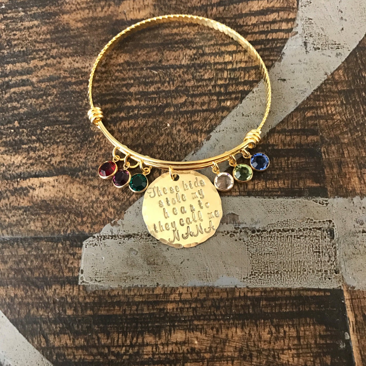 Nana Bangle Theres these kids who stole my heart Handstamped Bangle Personalize Jewelry Mothers Day Gift Grandma Jewelry Gold Bangle