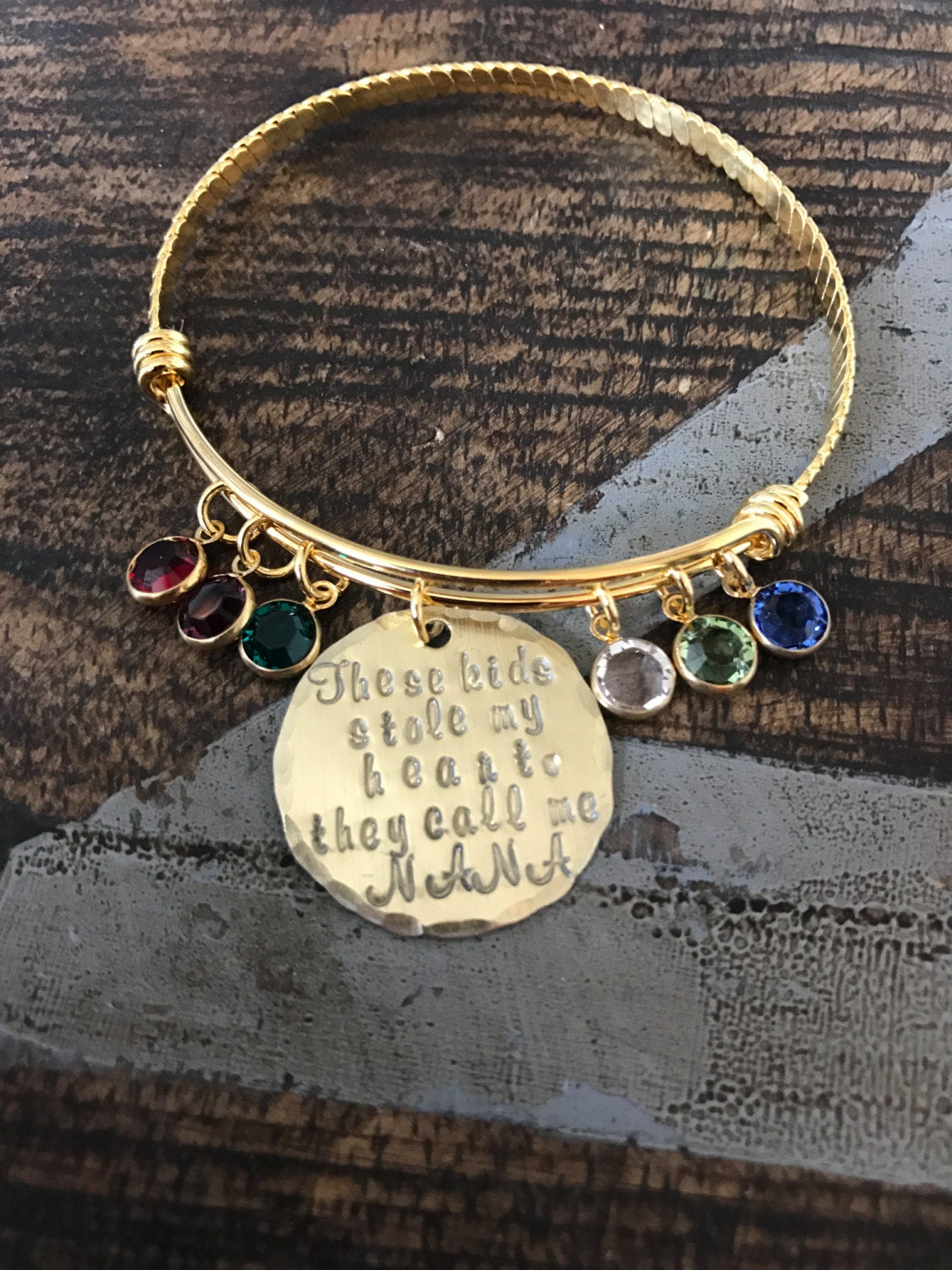 Nana Bangle Theres these kids who stole my heart Handstamped Bangle Personalize Jewelry Mothers Day Gift Grandma Jewelry Gold Bangle