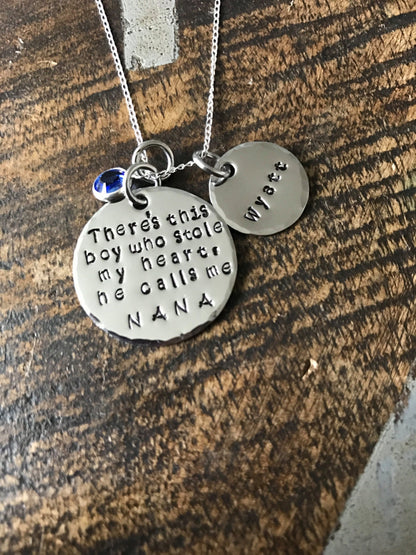 Mimi Necklace Theres this boy who stole my heart Handstamped Necklace Personalize Jewelry Mothers Day Gift Grandma Jewelry Custom Necklace