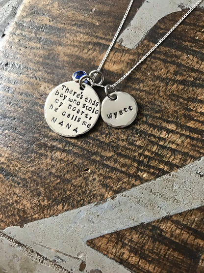 Mimi Necklace Theres this boy who stole my heart Handstamped Necklace Personalize Jewelry Mothers Day Gift Grandma Jewelry Custom Necklace