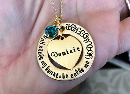 Gold Godmother Necklace Theres this boy who stole my heart Handstamped Necklace Godmother Jewelry Custom Jewelry Gift for Godmother
