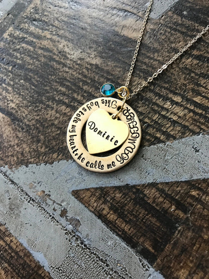 Gold Godmother Necklace Theres this boy who stole my heart Handstamped Necklace Godmother Jewelry Custom Jewelry Gift for Godmother