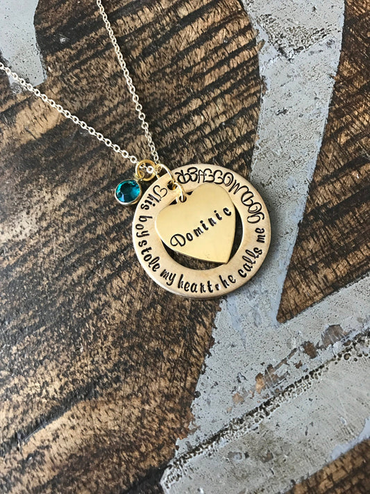 Gold Godmother Necklace Theres this boy who stole my heart Handstamped Necklace Godmother Jewelry Custom Jewelry Gift for Godmother