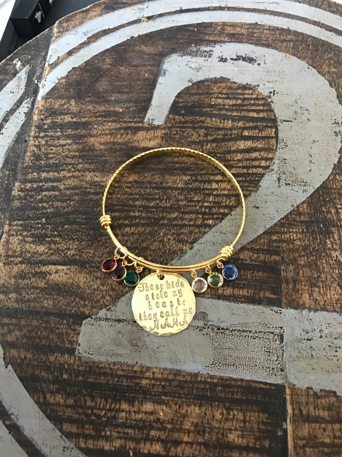 Nana Bangle Theres these kids who stole my heart Handstamped Bangle Personalize Jewelry Mothers Day Gift Grandma Jewelry Gold Bangle