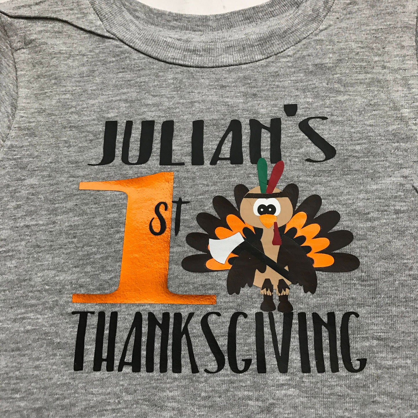 Gray shirt with 'Julian's 1st Thanksgiving' design featuring a turkey and large '1'.