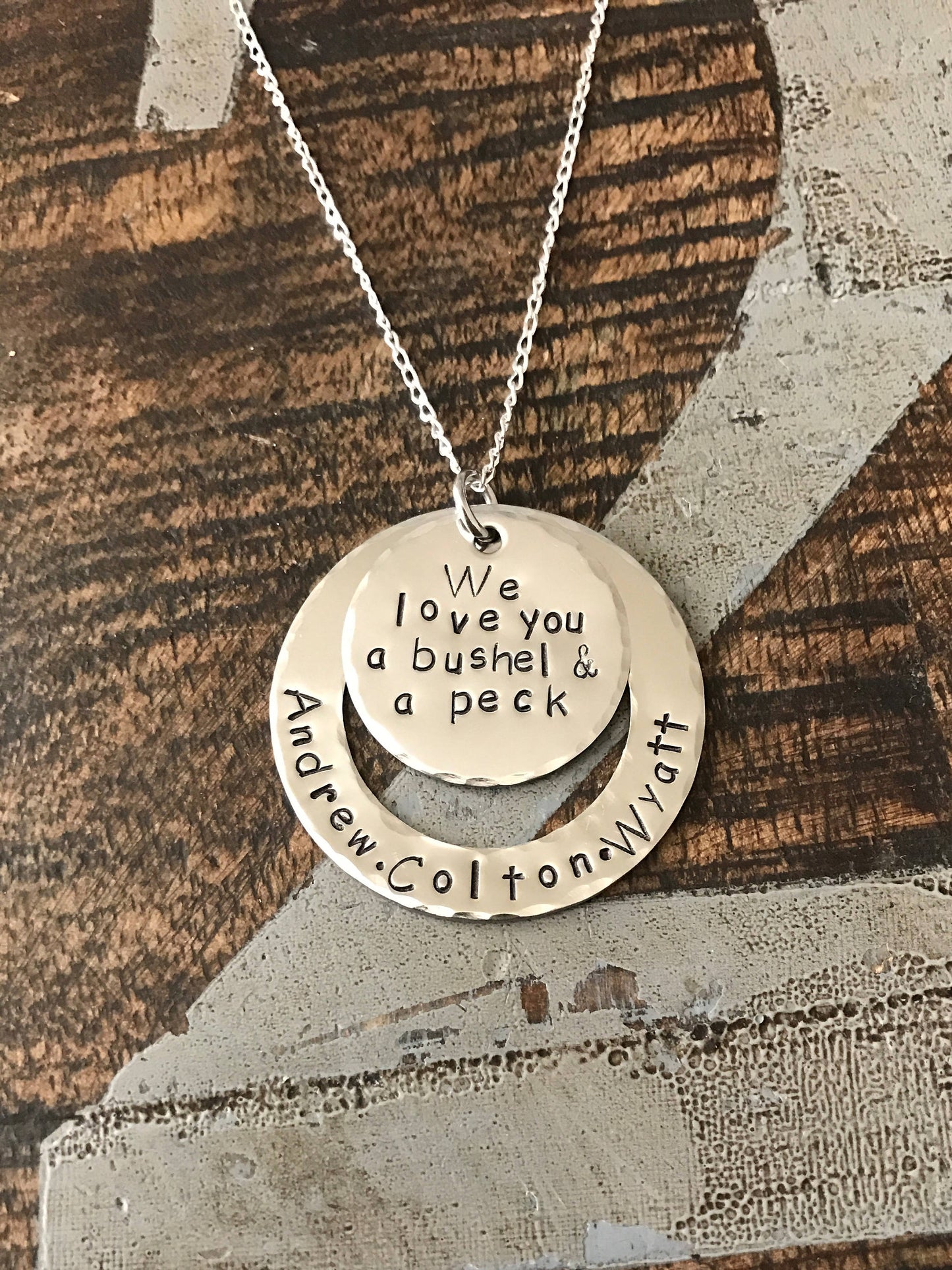 Mom Necklace Mothers Day Gift Love you a Bushel & a Peck Necklace New Mom Gift Handstamped Necklace Quote Necklace Grandma Necklace