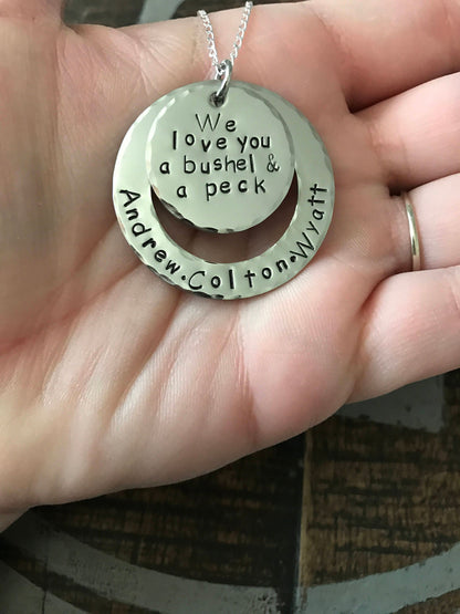 Mom Necklace Mothers Day Gift Love you a Bushel & a Peck Necklace New Mom Gift Handstamped Necklace Quote Necklace Grandma Necklace