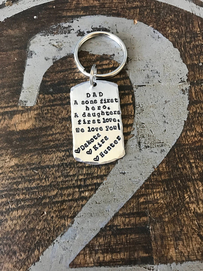 A Son's First Hero, A Daughter's First Love, Hand Stamped Keychain, Father's Day Gift, Gifts For Him, HandStamped, Key Chain, Dad, Gifts