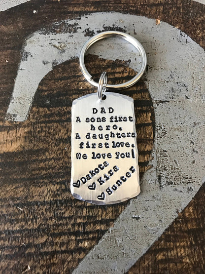 A Son's First Hero, A Daughter's First Love, Hand Stamped Keychain, Father's Day Gift, Gifts For Him, HandStamped, Key Chain, Dad, Gifts