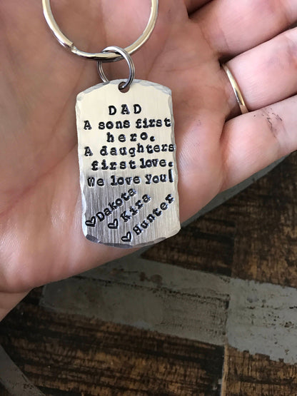 A Son's First Hero, A Daughter's First Love, Hand Stamped Keychain, Father's Day Gift, Gifts For Him, HandStamped, Key Chain, Dad, Gifts