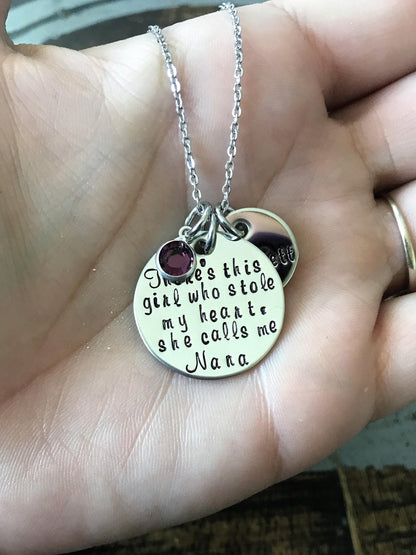 Nana Necklace Theres this girl who stole my heart Handstamped Necklace Personalize Jewelry Mothers Day Gift Grandma Jewelry Custom Necklace