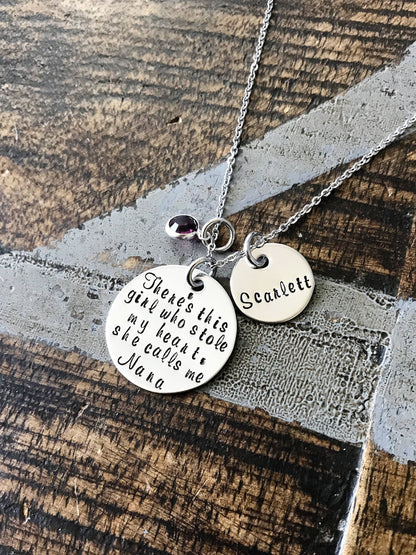 Nana Necklace Theres this girl who stole my heart Handstamped Necklace Personalize Jewelry Mothers Day Gift Grandma Jewelry Custom Necklace