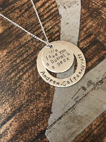Mom Necklace Mothers Day Gift Love you a Bushel & a Peck Necklace New Mom Gift Handstamped Necklace Quote Necklace Grandma Necklace