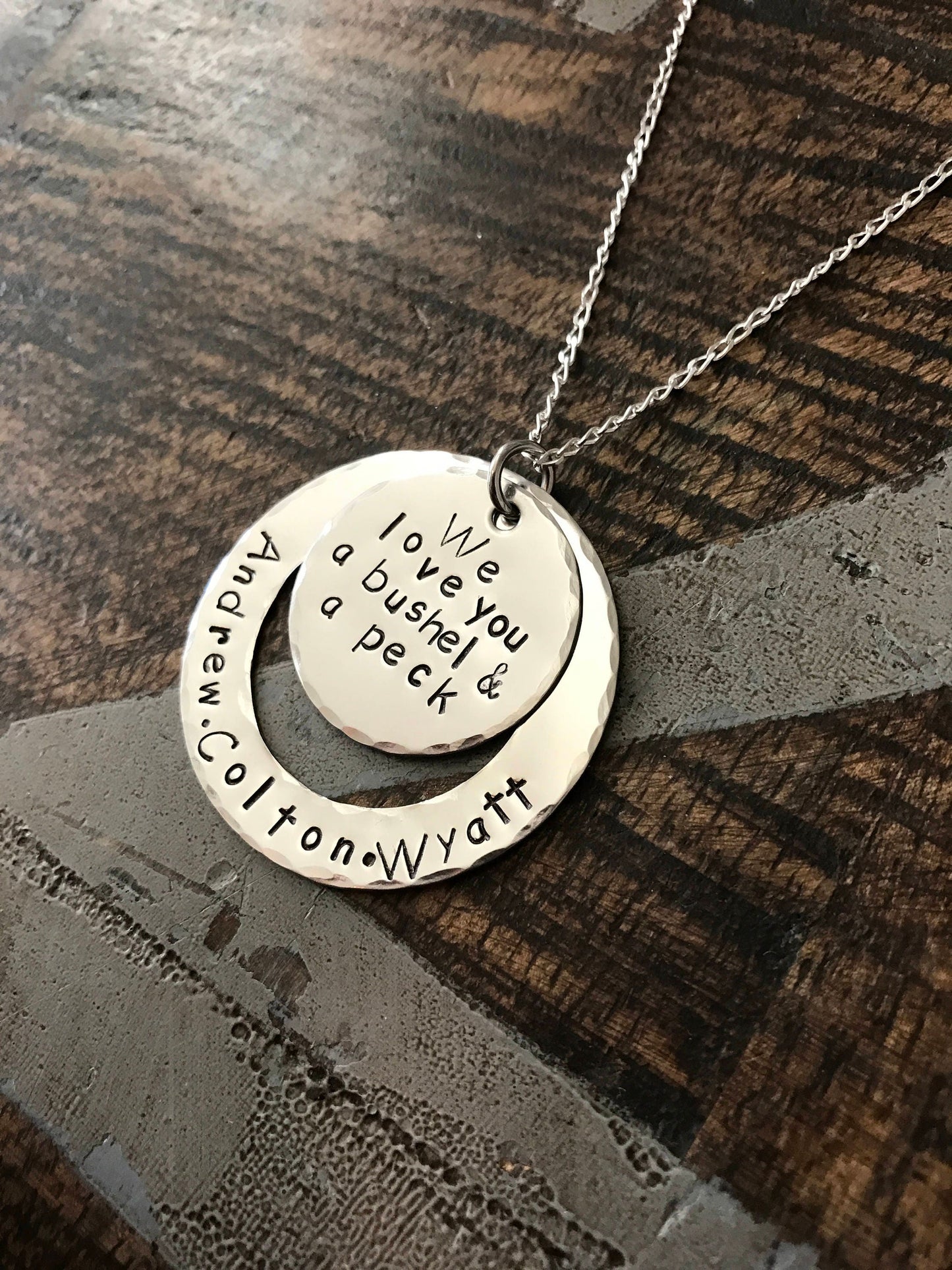 Mom Necklace Mothers Day Gift Love you a Bushel & a Peck Necklace New Mom Gift Handstamped Necklace Quote Necklace Grandma Necklace