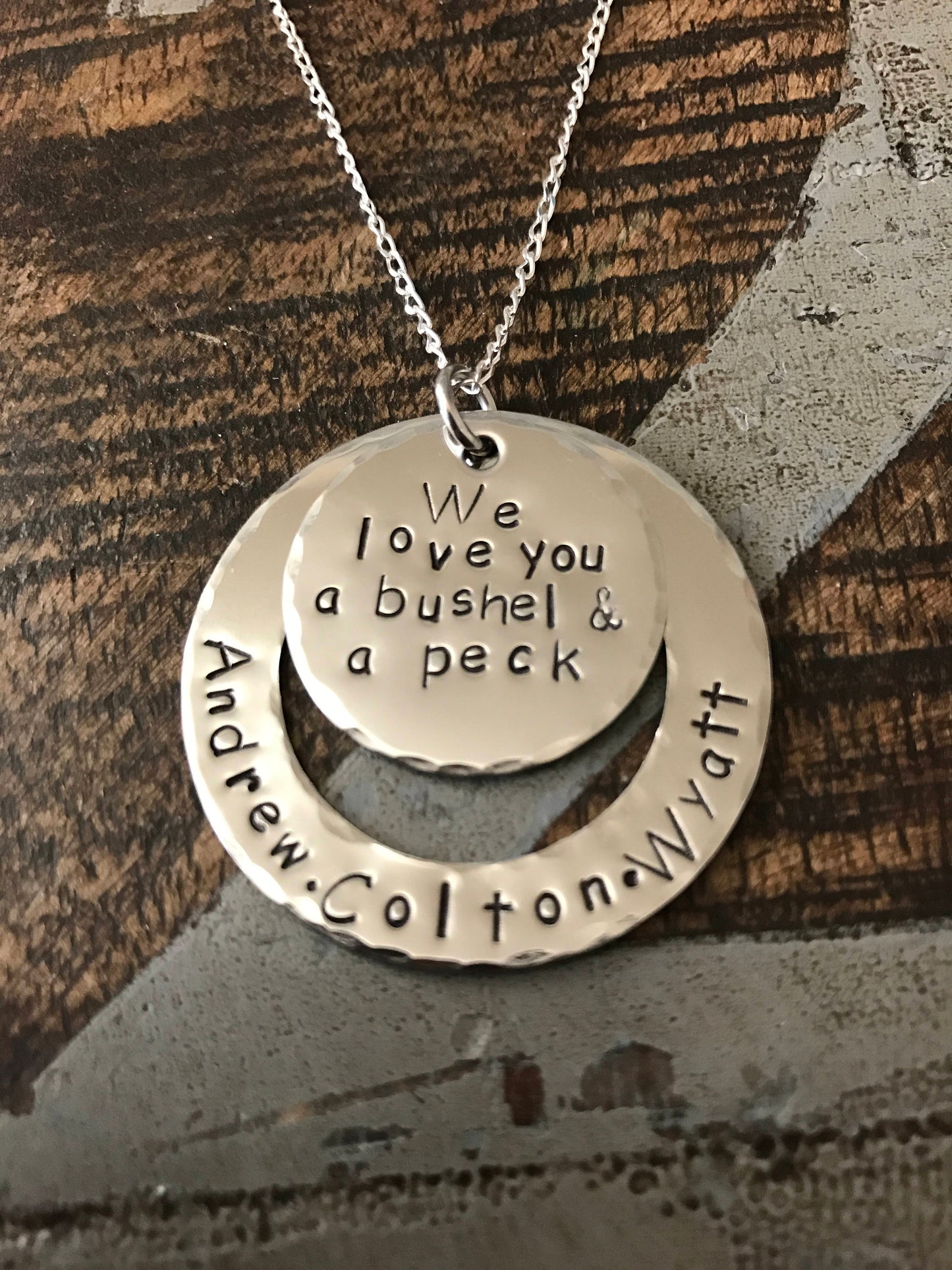 Mom Necklace Mothers Day Gift Love you a Bushel & a Peck Necklace New Mom Gift Handstamped Necklace Quote Necklace Grandma Necklace