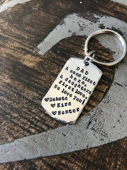 A Son's First Hero, A Daughter's First Love, Hand Stamped Keychain, Father's Day Gift, Gifts For Him, HandStamped, Key Chain, Dad, Gifts