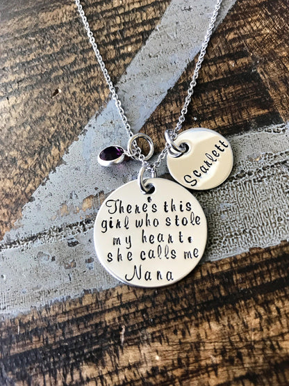 Nana Necklace Theres this girl who stole my heart Handstamped Necklace Personalize Jewelry Mothers Day Gift Grandma Jewelry Custom Necklace