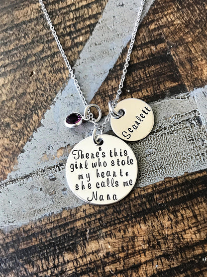 Nana Necklace Theres this girl who stole my heart Handstamped Necklace Personalize Jewelry Mothers Day Gift Grandma Jewelry Custom Necklace