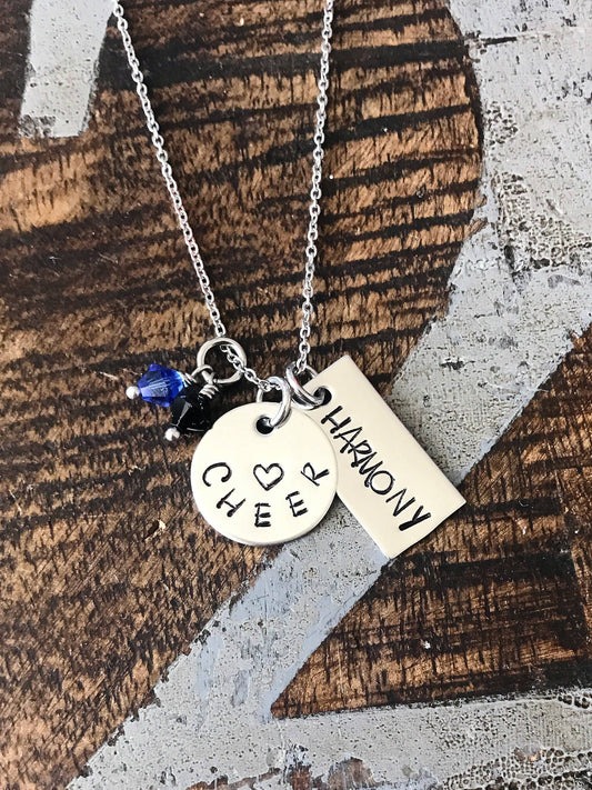 Cheer Necklace Cheerleader Necklace Gift for Cheerleader Handstamped Necklace Megaphone Necklace Handstamped Jewelry cheering necklace