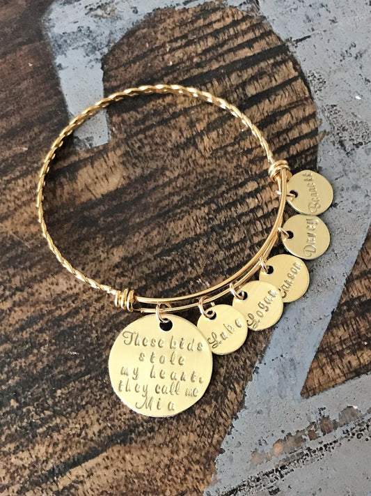 These kids stole my heart Gold Mom bangle Nana bangle Grandma bracelet Handstamped Jewelry Adjustable Bangle Name Bracelet Gift for Mom