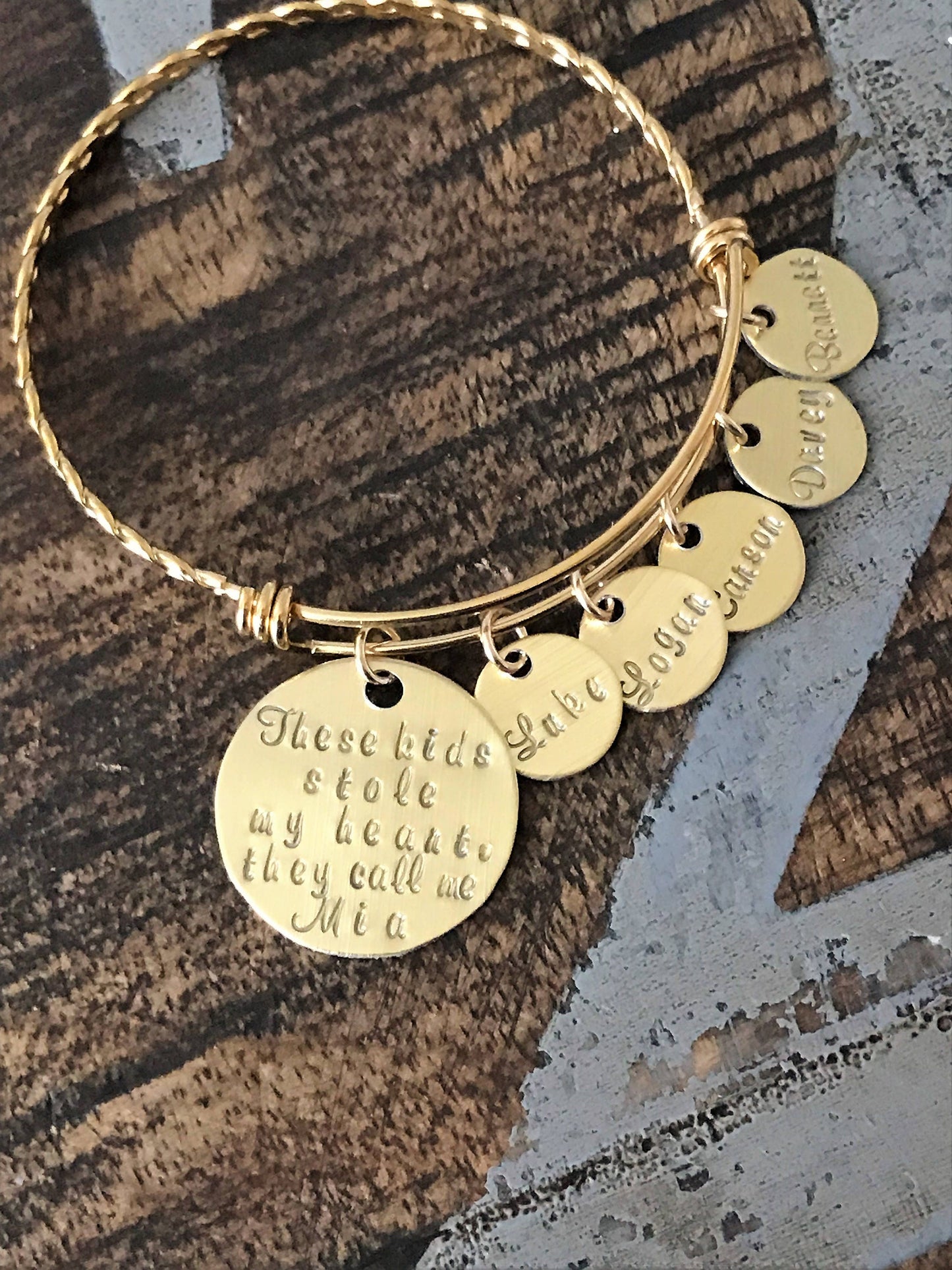 These kids stole my heart Gold Mom bangle Nana bangle Grandma bracelet Handstamped Jewelry Adjustable Bangle Name Bracelet Gift for Mom