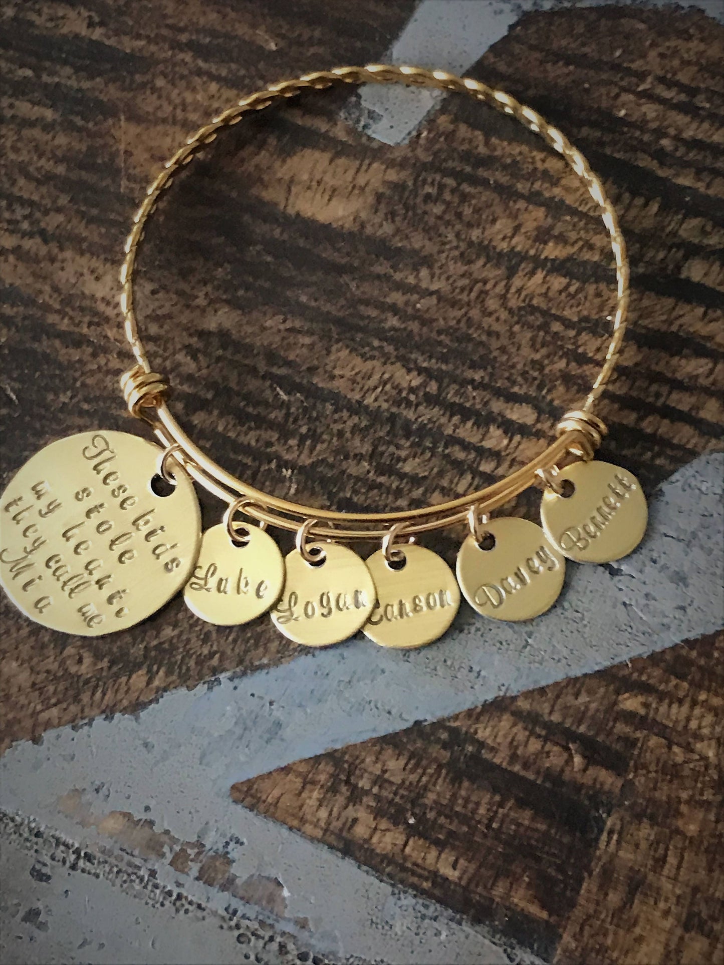 These kids stole my heart Gold Mom bangle Nana bangle Grandma bracelet Handstamped Jewelry Adjustable Bangle Name Bracelet Gift for Mom