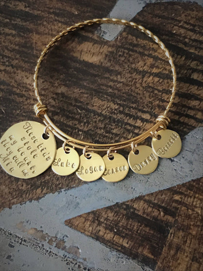 These kids stole my heart Gold Mom bangle Nana bangle Grandma bracelet Handstamped Jewelry Adjustable Bangle Name Bracelet Gift for Mom