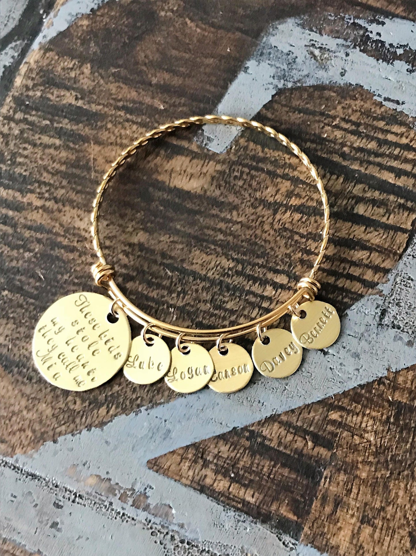 These kids stole my heart Gold Mom bangle Nana bangle Grandma bracelet Handstamped Jewelry Adjustable Bangle Name Bracelet Gift for Mom