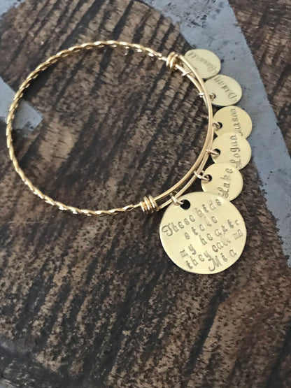 These kids stole my heart Gold Mom bangle Nana bangle Grandma bracelet Handstamped Jewelry Adjustable Bangle Name Bracelet Gift for Mom