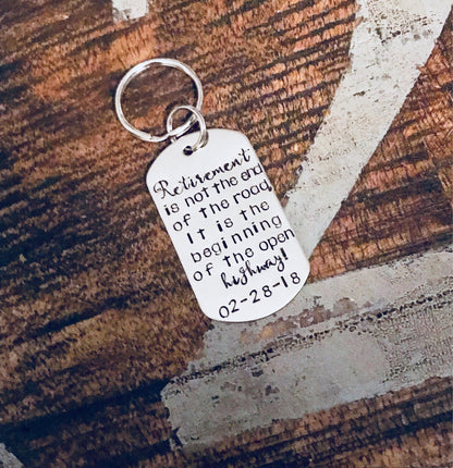 Personalized RETIREMENT KEYCHAIN Retirement Gift Retirement Keyring Retirement Accessory Happy Retirement Gift for him Custom Keychain