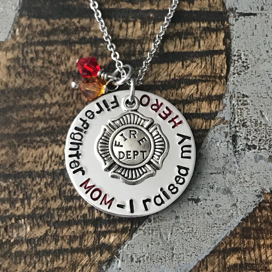 Firefighter Mom Necklace Firefighter Mom Jewelry I raised my HERO Personalized Necklace Firefighter Gift Firefighter Badge