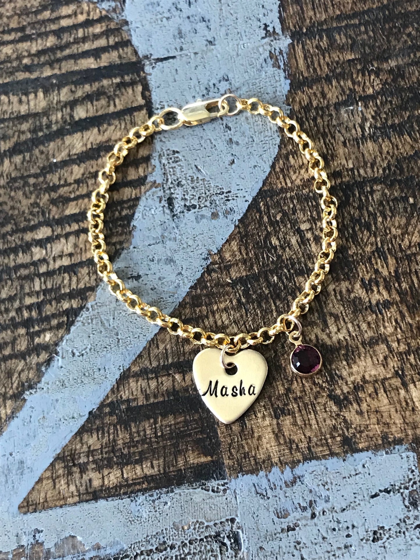 Gold Girls Charm Bracelet Handstamped Bracelet Heart Bracelet Personalized Bracelet Charm Bracelet Bracelet for Girl Birthstone Jewelry