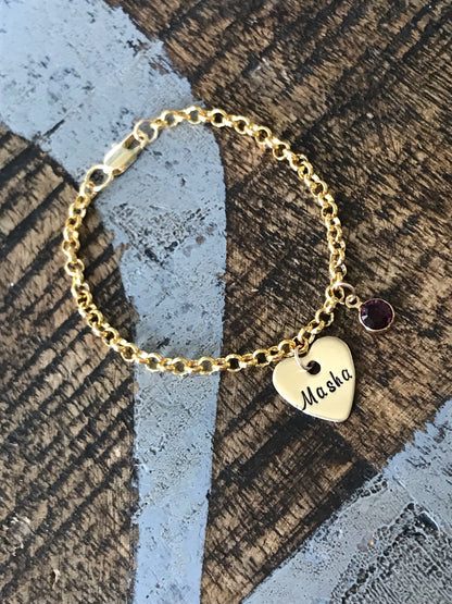 Gold Girls Charm Bracelet Handstamped Bracelet Heart Bracelet Personalized Bracelet Charm Bracelet Bracelet for Girl Birthstone Jewelry