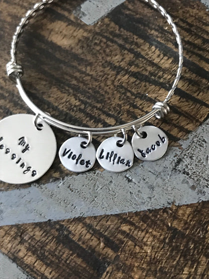 My Blessings Bangle Mom bangle Nana bangle Grandma bracelet Handstamped Jewelry Adjustable Bangle Name Bracelet Gift for Mom
