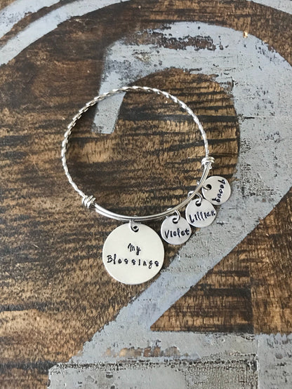 My Blessings Bangle Mom bangle Nana bangle Grandma bracelet Handstamped Jewelry Adjustable Bangle Name Bracelet Gift for Mom