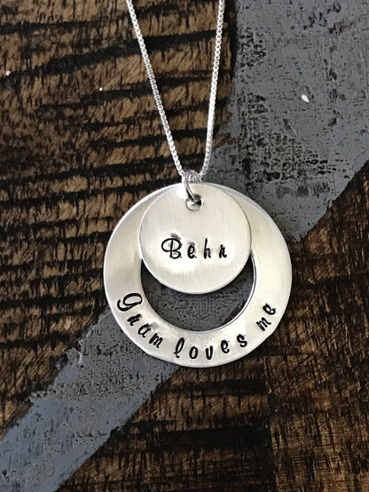 Gram Love Me Necklace Sterling Silver Washer Necklace Personalized Hand Stamped Jewelry Grandma Necklace Gift for Mom Mothers Day Jewelry