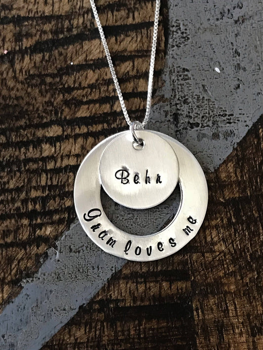 Gram Love Me Necklace Sterling Silver Washer Necklace Personalized Hand Stamped Jewelry Grandma Necklace Gift for Mom Mothers Day Jewelry