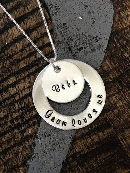 Gram Love Me Necklace Sterling Silver Washer Necklace Personalized Hand Stamped Jewelry Grandma Necklace Gift for Mom Mothers Day Jewelry