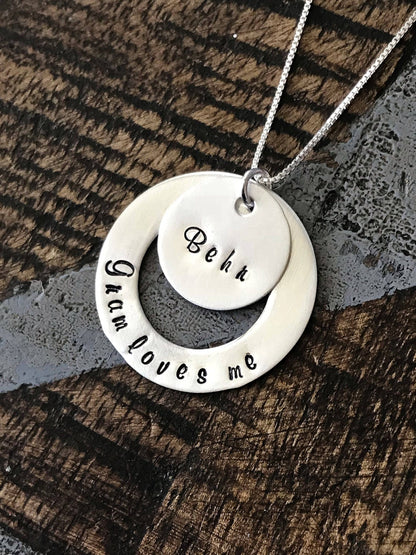 Gram Love Me Necklace Sterling Silver Washer Necklace Personalized Hand Stamped Jewelry Grandma Necklace Gift for Mom Mothers Day Jewelry