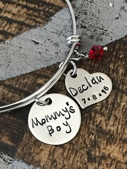 Mommys Boy Bangle Hand Stamped Bracelet Grandmother Gift Mother's Day Jewelry Gift for Mom Personalized Jewelry Custom Bangle New Mom Bangle