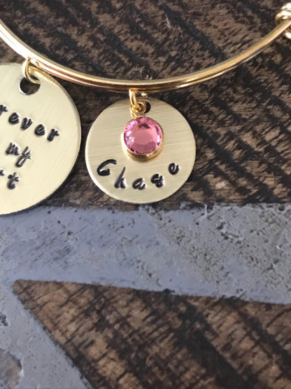 Forever in my Heart Bracelet Memorial Jewelry Sympathy Bangle Handstamped Bangle Personalize Jewelry Mothers Day Gift Gold Bangle