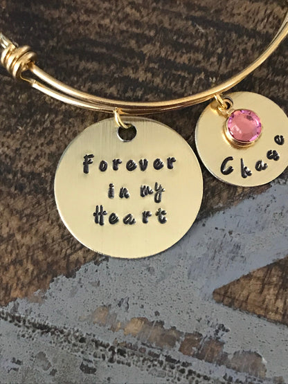 Forever in my Heart Bracelet Memorial Jewelry Sympathy Bangle Handstamped Bangle Personalize Jewelry Mothers Day Gift Gold Bangle