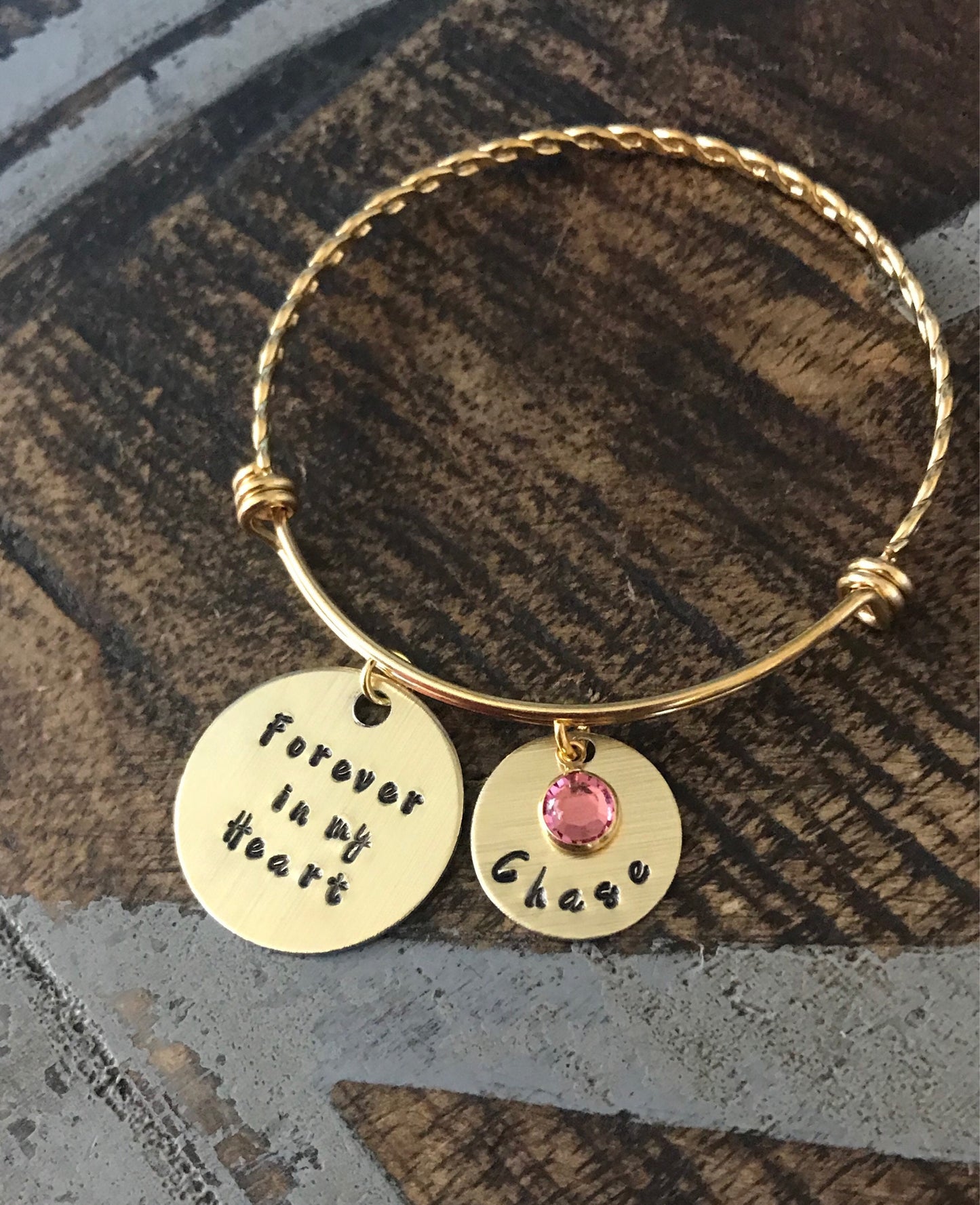 Forever in my Heart Bracelet Memorial Jewelry Sympathy Bangle Handstamped Bangle Personalize Jewelry Mothers Day Gift Gold Bangle