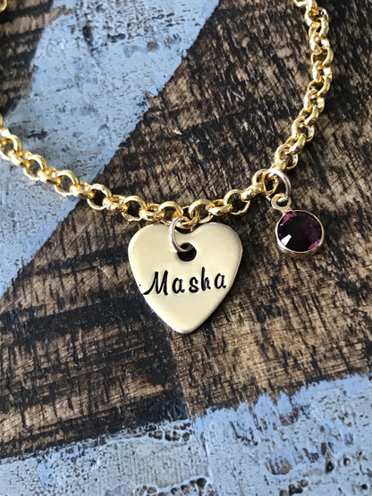 Gold Girls Charm Bracelet Handstamped Bracelet Heart Bracelet Personalized Bracelet Charm Bracelet Bracelet for Girl Birthstone Jewelry